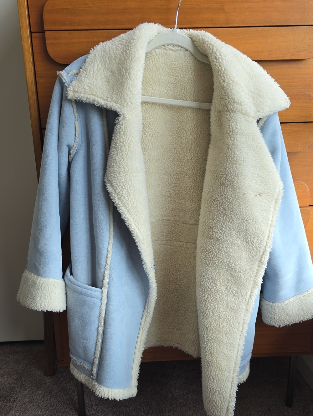 Women's Light Blue Faux Shearling Coat - Cozy Cream Lining